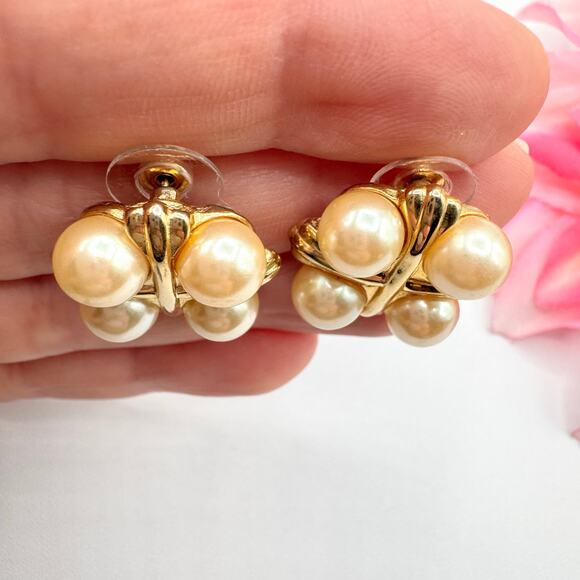 Vintage Givenchy Ivory Faux Pearl Maltese Cross Stud Earrings Gold Tone Signed - Picture 2 of 8